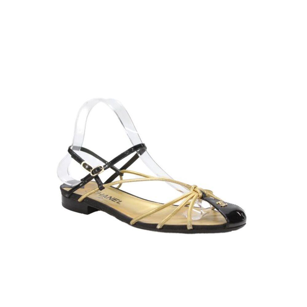 Chanel Womens Leather Metallic Strappy Sandals Gold Black Size 9.5